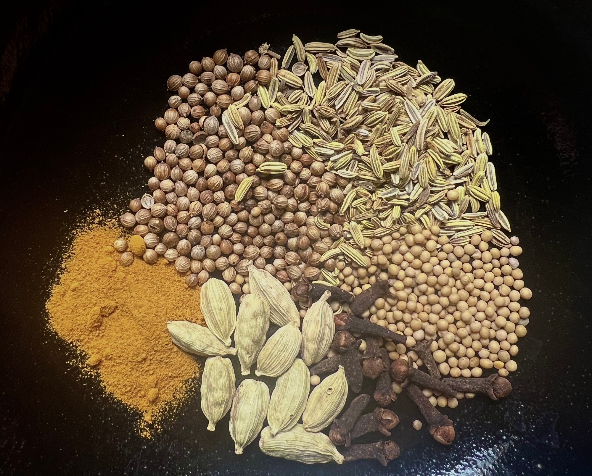 Coriander, Fennel, Mustard Seed, Turmeric Cardamom, Clove Spice Blend