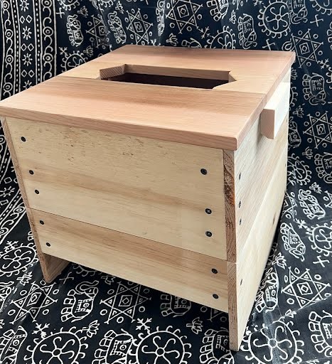 Handcrafted pelvic steam sauna seat, with a slot on bottom for electric burner